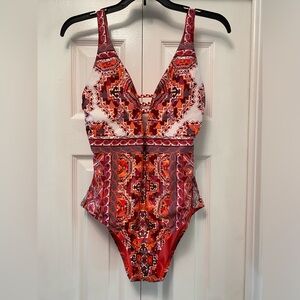 Becca, size medium, v neck, plunge, one piece, swimsuit, multi-colored